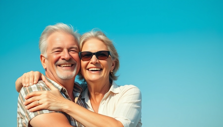 Middle-aged couple smiling warmly against a clear blue sky.