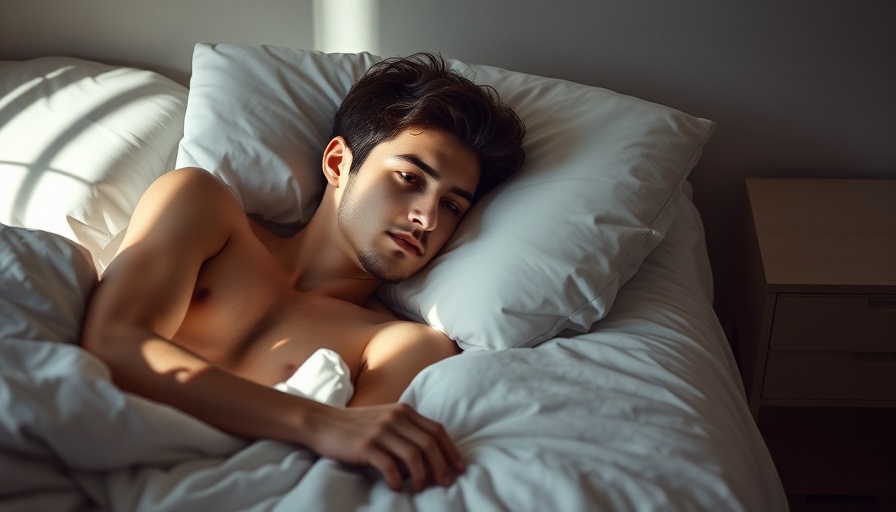 Pensive young man lying in bed, minimalistic white room.