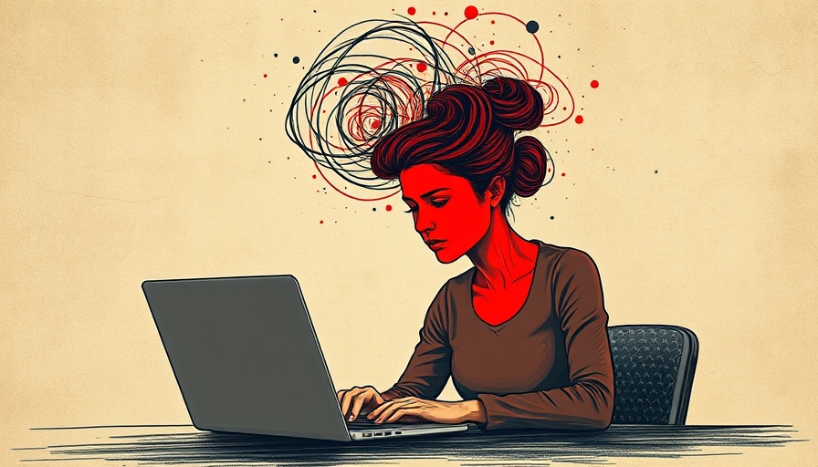 Abstract stressed woman at desk with laptop, expressing mental chaos.