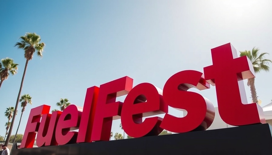 FuelFest Atlanta Motor Speedway sign with palm trees in bright sunlight.