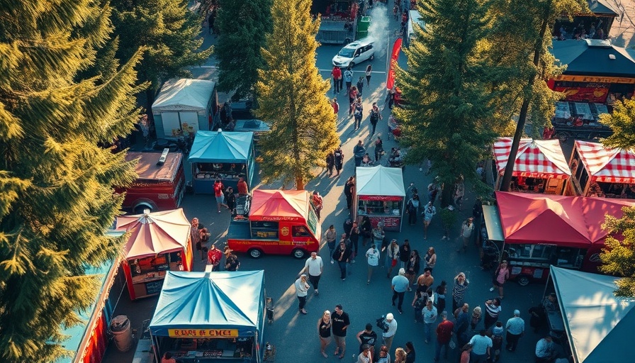 Aerial view of Sip & Swine BBQ Festival with colorful tents and crowd.