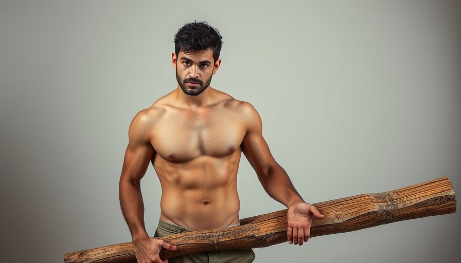 Muscular man holding a log, embodying morning wood.