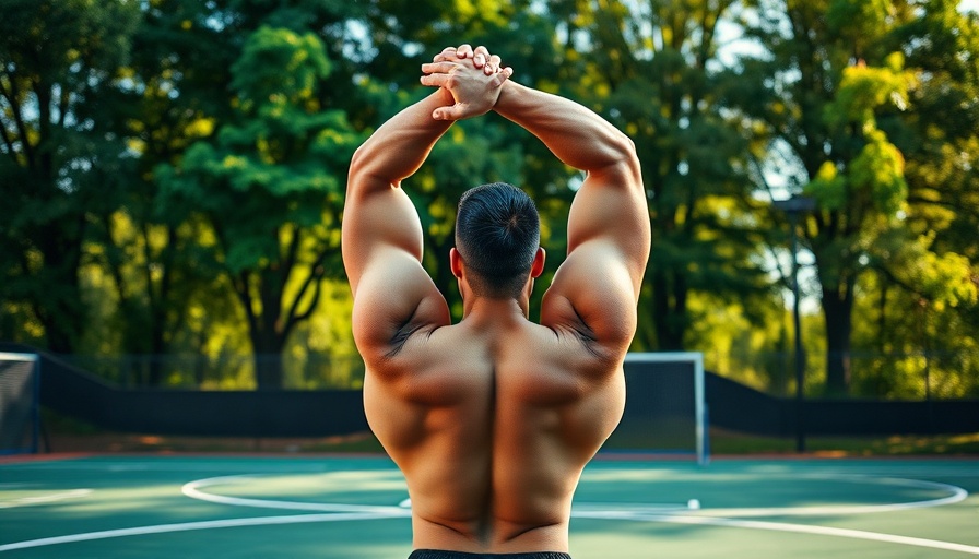 Athlete doing stretch on outdoor sports court among trees.