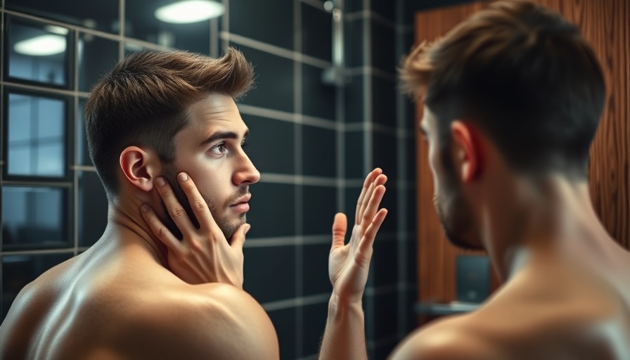 Young man checking face in mirror for crow's feet