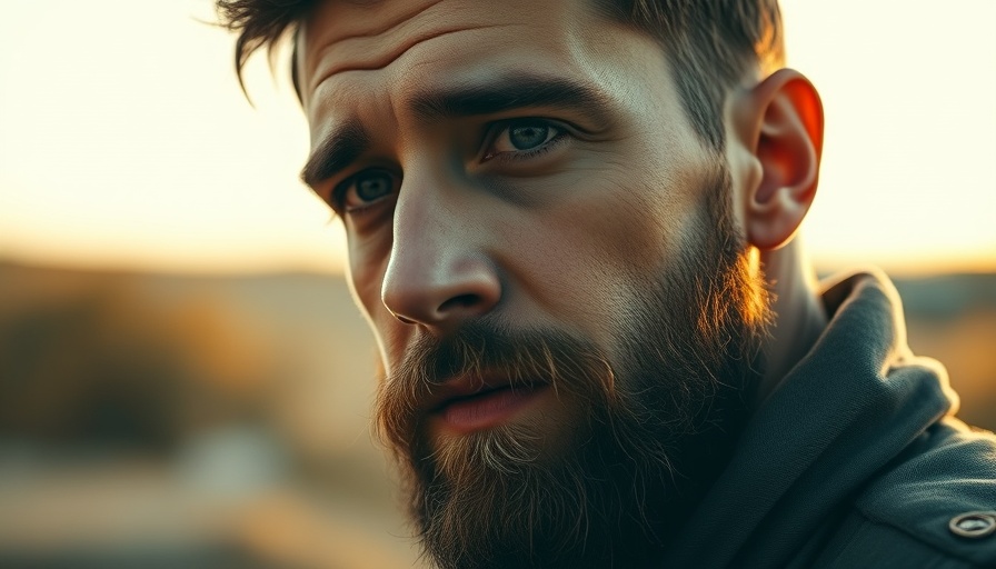 Mindful close-up of contemplative bearded man, serene ambiance