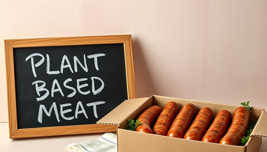 Plant-Based Meats: Chalkboard sign and vegan sausages close-up.