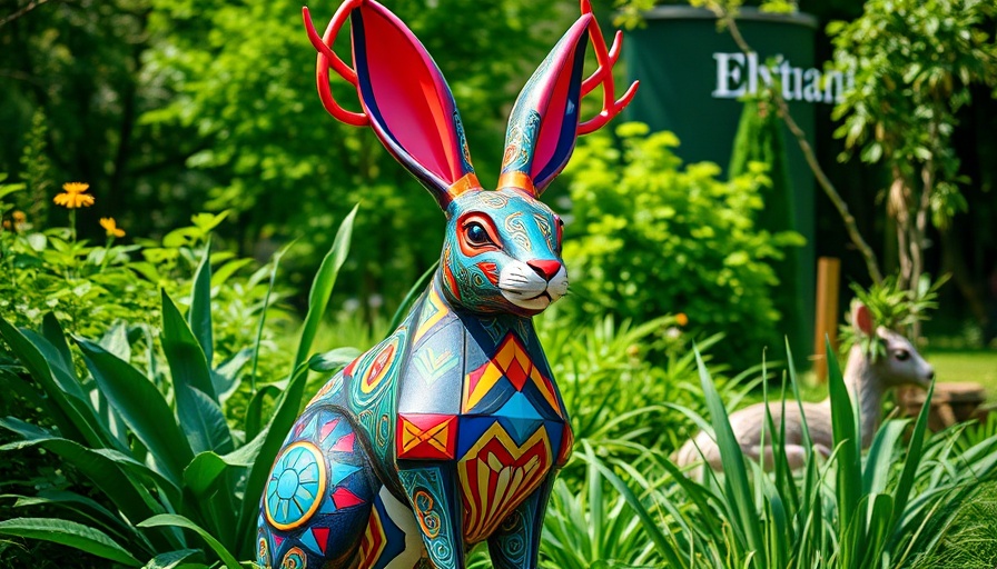 Giant Spirit Animals Fernbank: colorful patterned rabbit sculpture outdoors.