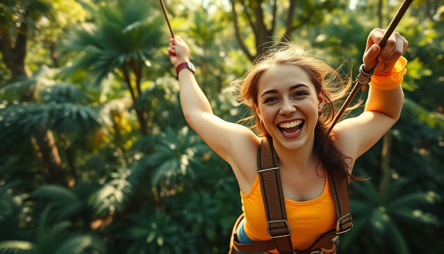 Adventure seeker ziplining through Stone Mountain Lake forest.