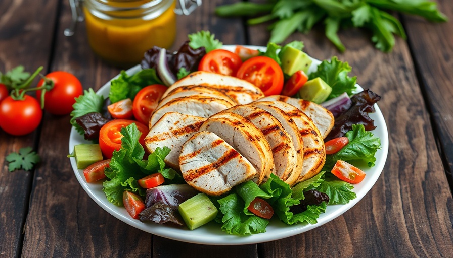 Vibrant salad with grilled chicken on a rustic wooden board, best weight-loss diets.