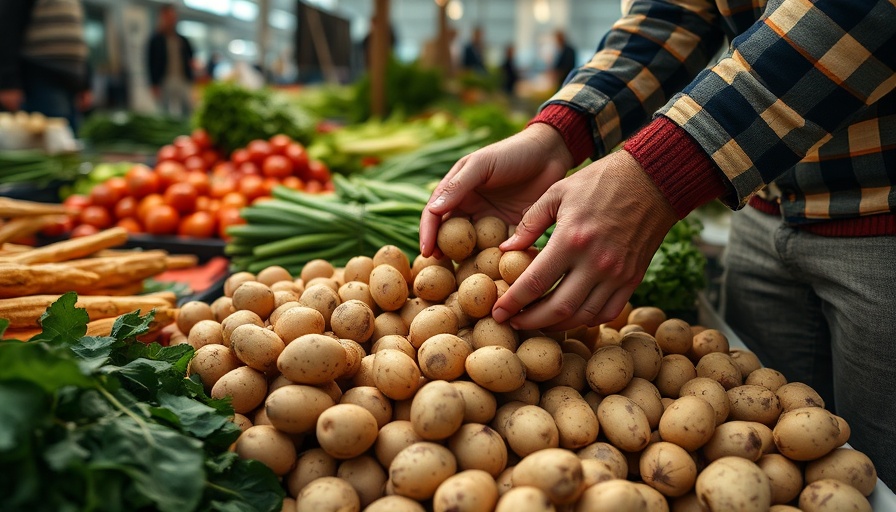 Hands sorting potatoes at market discussing potatoes and diabetes.