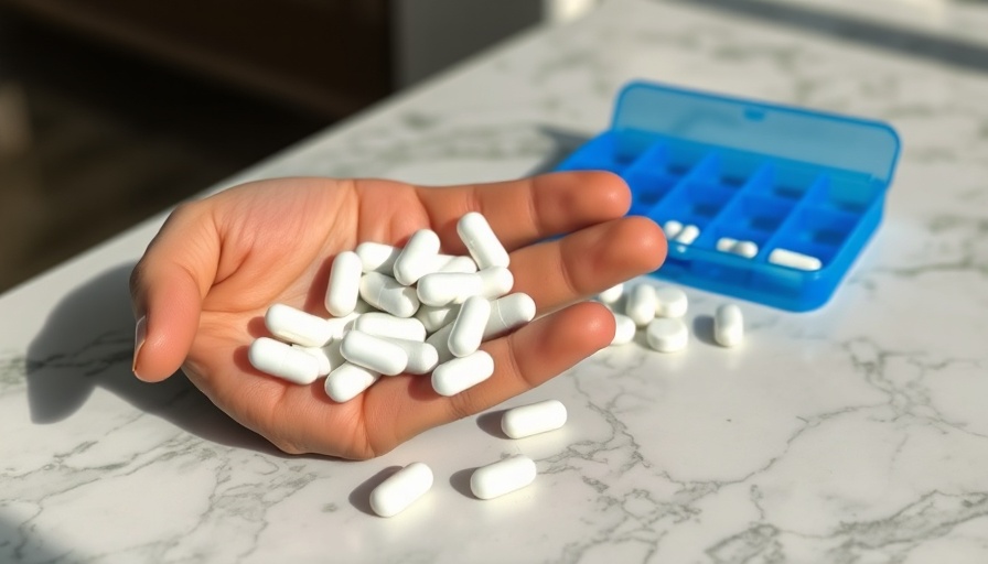 Hand holding pills near blue organizer, NSAIDs reduce Alzheimer's risk.