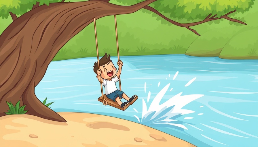 Cartoon figure using a rope swing over water