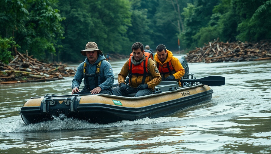 Texas flooding survivors search efforts, rescue team on airboat amid forest.