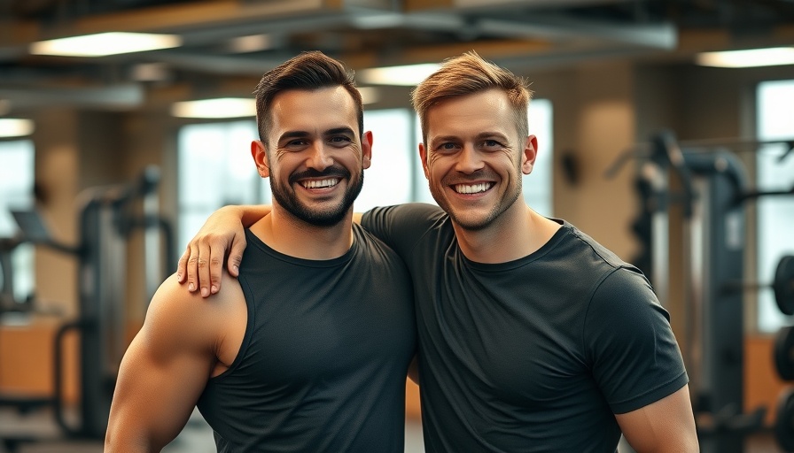 Two men in gym smiling for a photo, showcasing men's fitness.