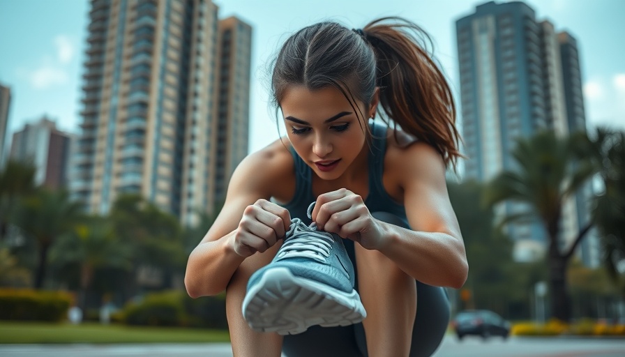 Young woman prepares to run, tying shoes in urban park.