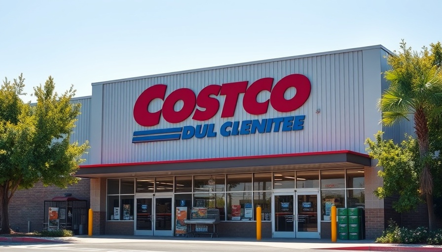 Costco storefront sign with trees in bright daylight.