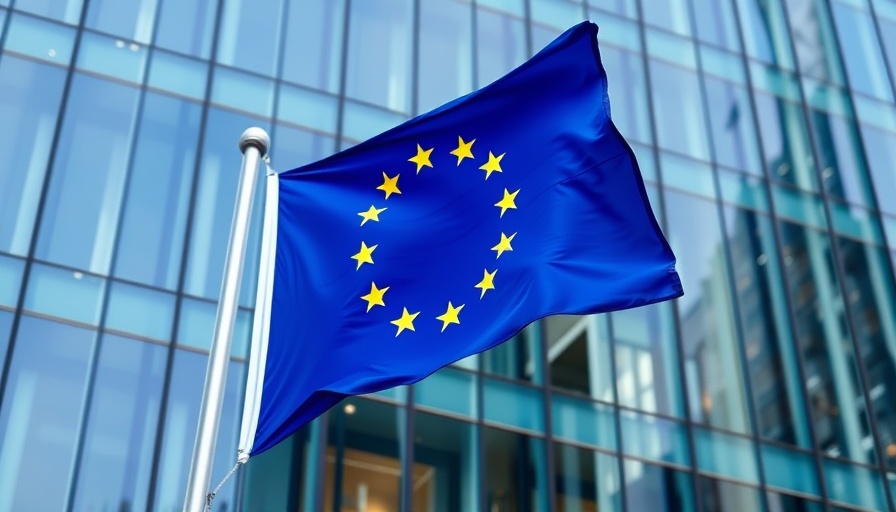 European Union flag in front of a glass building, symbolizing international trade impact.