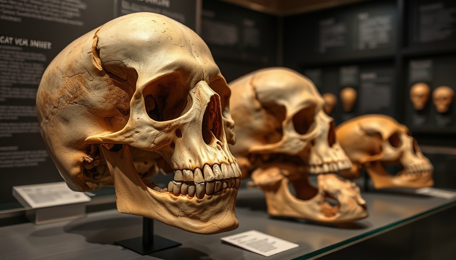 Ancient skulls in museum exhibit highlighting Neanderthal DNA research.