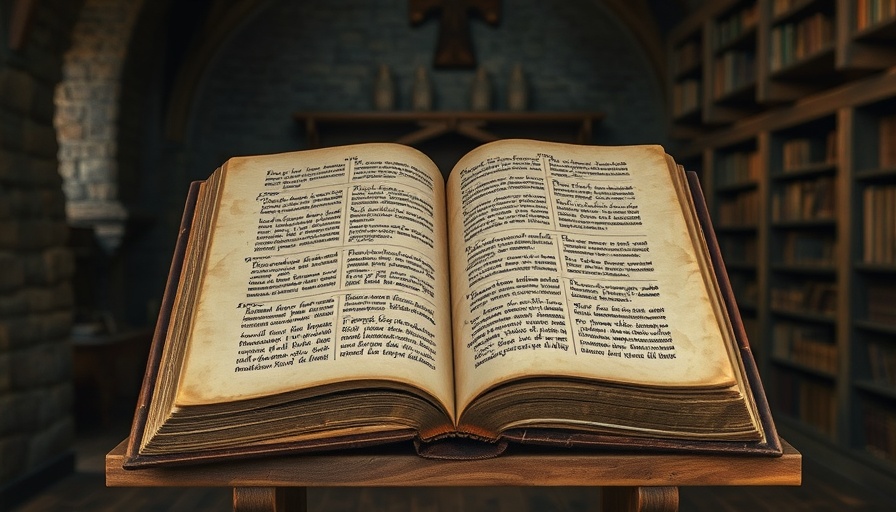 Ancient manuscript showcasing medieval script in a dim library.