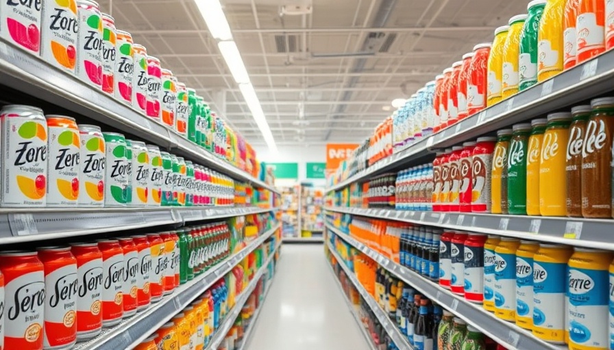 Supermarket aisle with assorted zero sugar sodas and drinks.