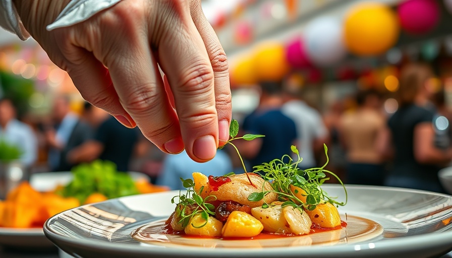 Chef garnishing dish at Atlanta Food & Wine Festival with microgreens.
