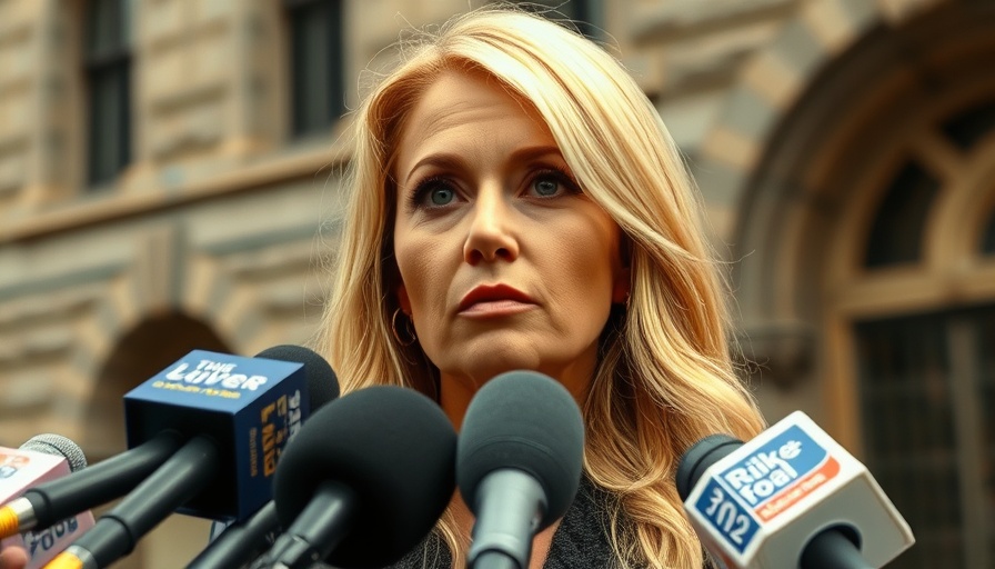 Woman speaking into microphones in urban setting, solemn expression.