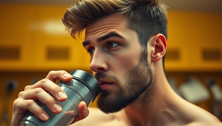 Man in gym locker room, drinking from shaker for better sleep.