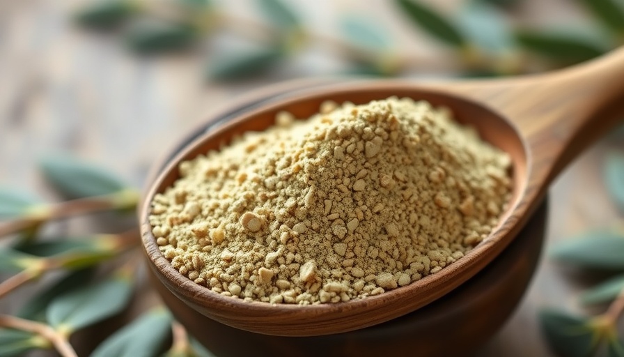 Moringa leaf powder in a wooden spoon over a bowl, close-up.