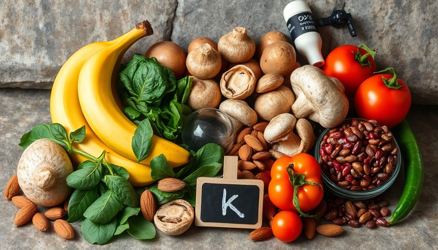 Array of potassium-rich foods with 'K' chalkboard sign.