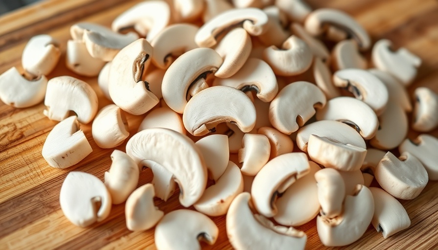 Close-up of sliced raw mushrooms on a wooden board.