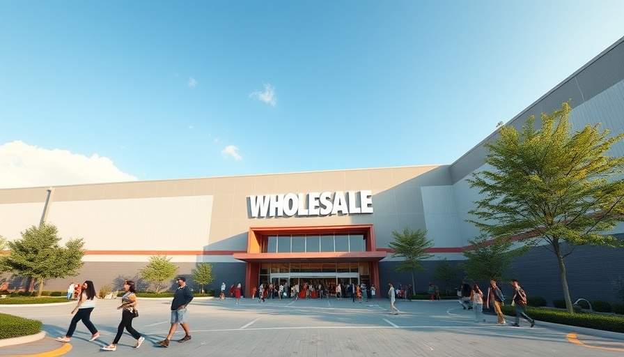 Exterior of large wholesale store under bright sky.
