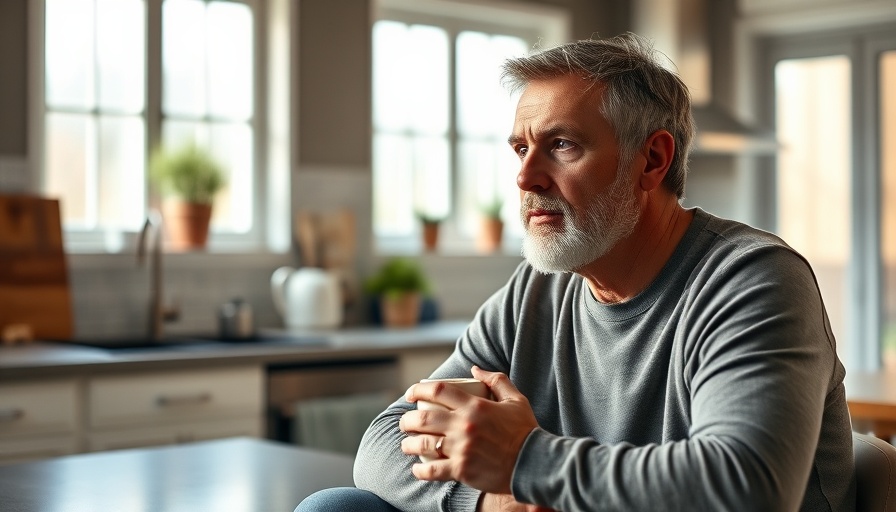 Midlife man experiencing unhappiness hump in cozy kitchen.