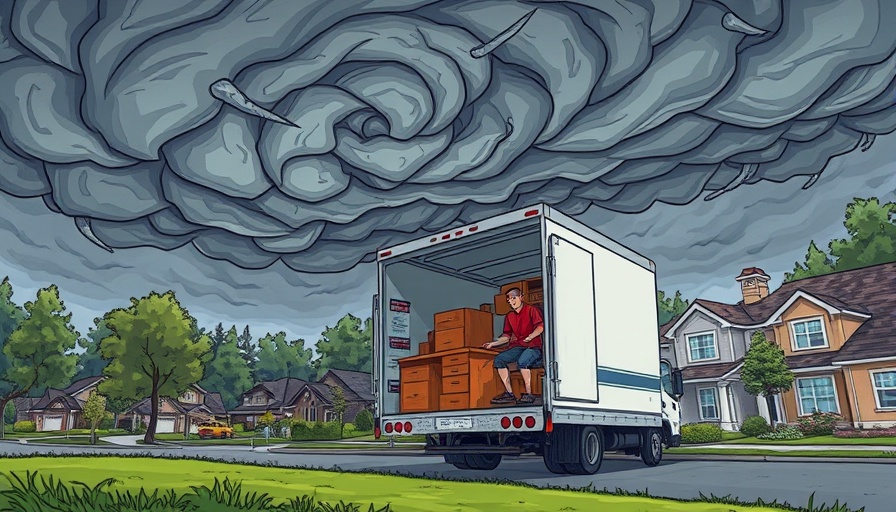 Cartoon moving truck with person amid stormy clouds, long-distance moving mistakes.