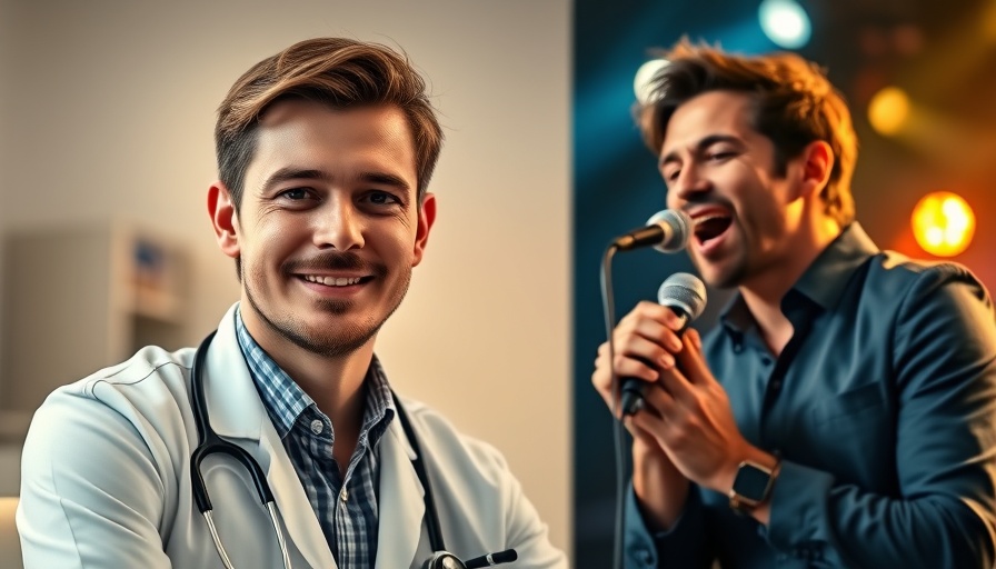 Smiling man with stethoscope; man singing into a microphone.