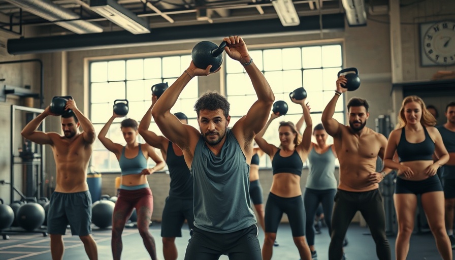 Participants in group fitness classes lift kettlebells in gym.