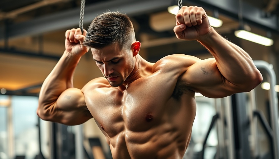 Muscular man performing cable front raises in gym