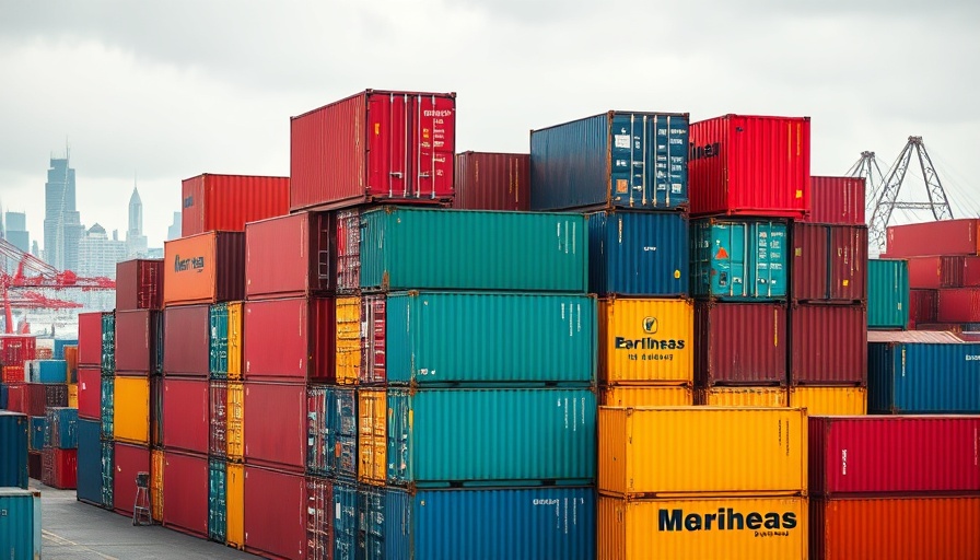 Colorful shipping containers in a city port, representing trade and tariffs.