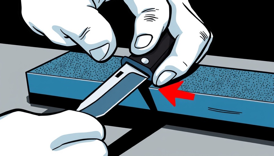 Illustration of a pocket knife being sharpened on a whetstone.