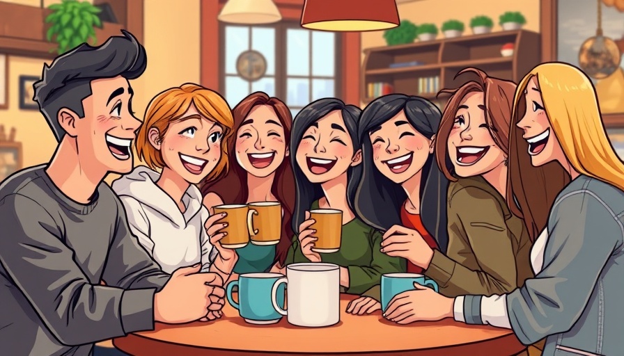 Good Stress of Socializing: Cartoon of friends enjoying coffee and laughter.