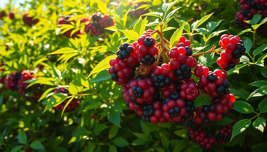 Elderberry cluster with lush green leaves in sunlight.