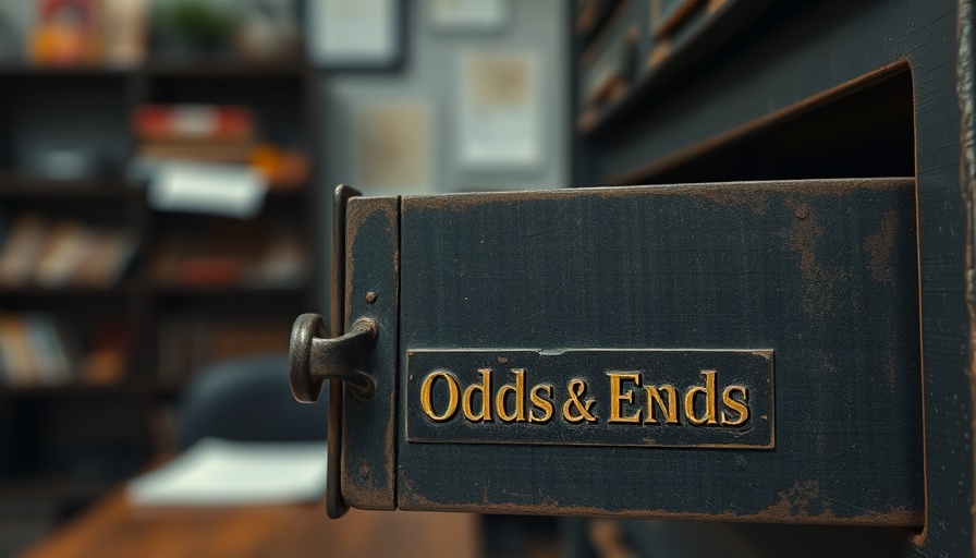 Vintage 'Odds & Ends' drawer open, detailed metal texture.
