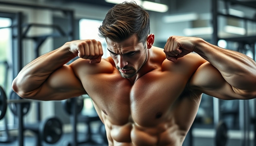 Muscular individual demonstrating shoulder exercises in the gym.