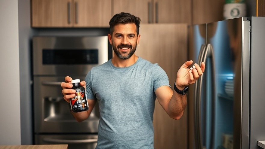 Man in kitchen holding men's health supplements to boost testosterone levels.