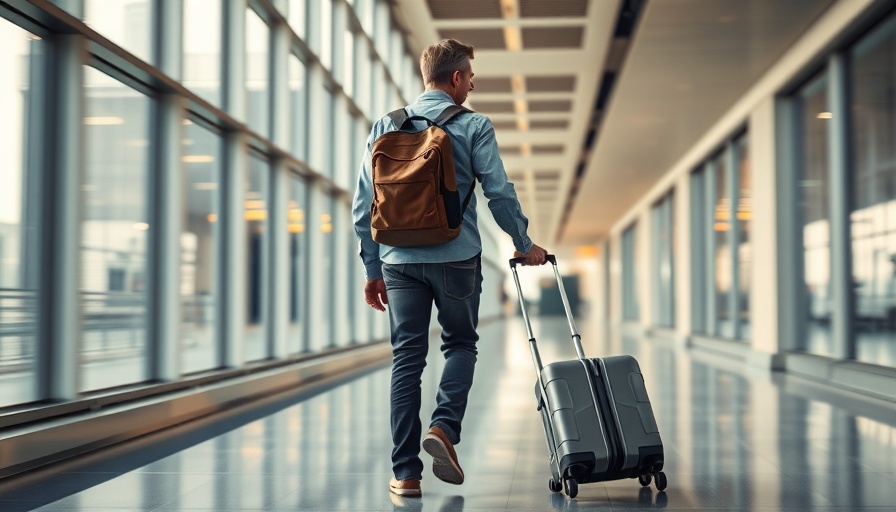 Traveler in airport corridor with a carry-on suitcase, reflecting EU end fees change.