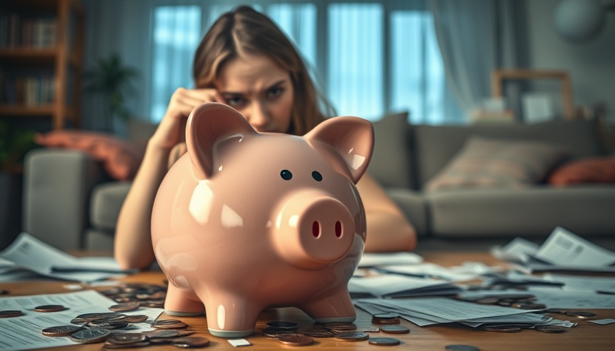 Financial concerns for small business owners: stressed woman with piggy bank.