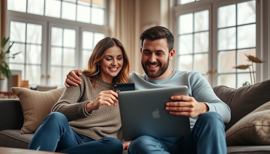 Couple discussing finances on sofa with laptop and credit card, emphasizing credit card debt awareness.