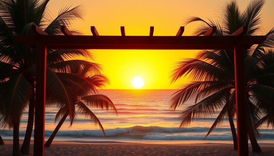 Sunset view from San José del Cabo with palm trees, beach, and ocean.