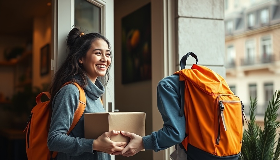 Young woman receiving delivery from DoorDash courier, cozy apartment.