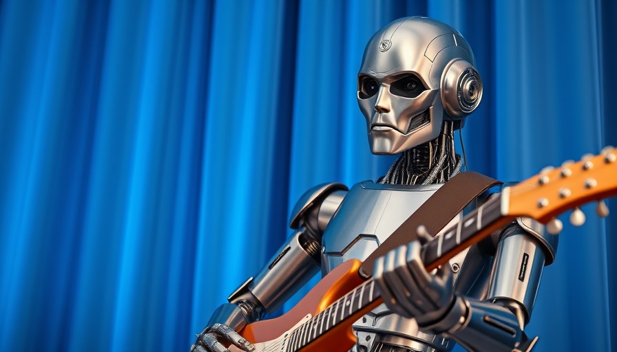 Metallic robot playing guitar in AI music streaming concept.