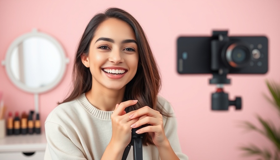 Woman creating TikTok video for small business in pink room